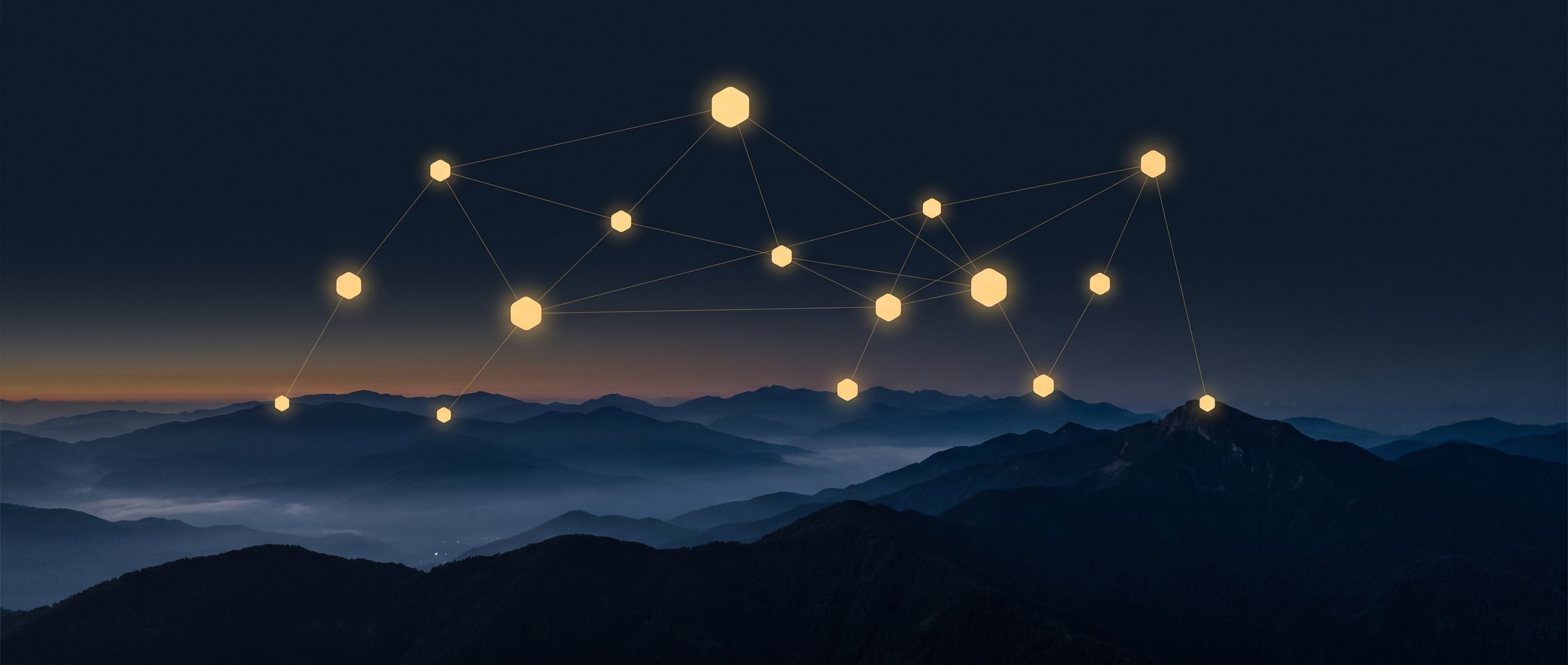 Glowing gold hexagon nodes linked in a network above a dark mountain range